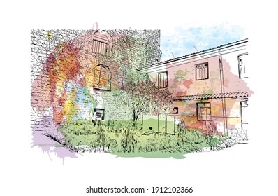 Building view with landmark of Cusco is the
city in Peru. Watercolor splash with hand drawn sketch illustration in vector.