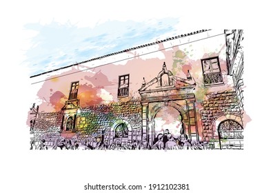 Building view with landmark of Cusco is the
city in Peru. Watercolor splash with hand drawn sketch illustration in vector.