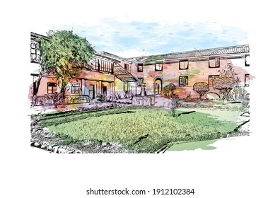 Building view with landmark of Cusco is the
city in Peru. Watercolor splash with hand drawn sketch illustration in vector.