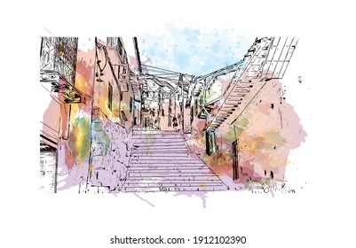 Building view with landmark of Cusco is the
city in Peru. Watercolor splash with hand drawn sketch illustration in vector.