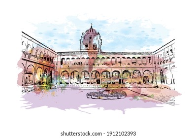 Building view with landmark of Cusco is the
city in Peru. Watercolor splash with hand drawn sketch illustration in vector.