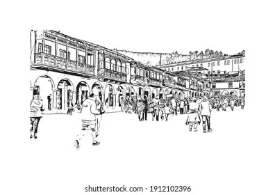 Building view with landmark of Cusco is the
city in Peru. Hand drawn sketch illustration in vector.