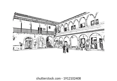 Building view with landmark of Cusco is the
city in Peru. Hand drawn sketch illustration in vector.