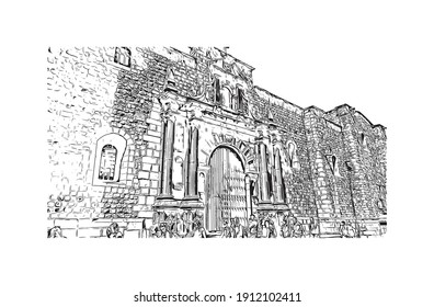 Building view with landmark of Cusco is the
city in Peru. Hand drawn sketch illustration in vector.