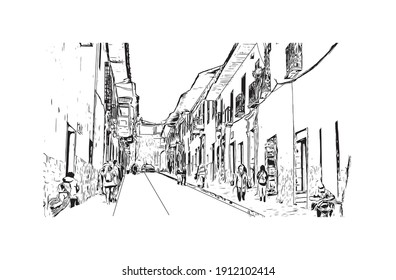Building view with landmark of Cusco is the
city in Peru. Hand drawn sketch illustration in vector.