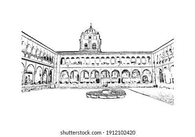 Building view with landmark of Cusco is the
city in Peru. Hand drawn sketch illustration in vector.