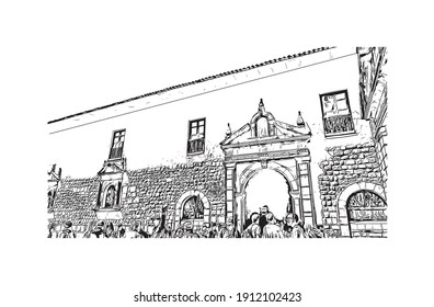 Building view with landmark of Cusco is the
city in Peru. Hand drawn sketch illustration in vector.