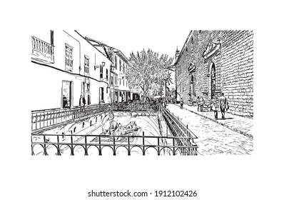 Building view with landmark of Cusco is the
city in Peru. Hand drawn sketch illustration in vector.