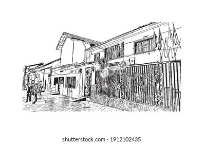 Building view with landmark of Cusco is the
city in Peru. Hand drawn sketch illustration in vector.