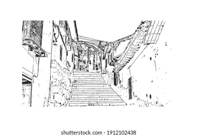 Building view with landmark of Cusco is the
city in Peru. Hand drawn sketch illustration in vector.