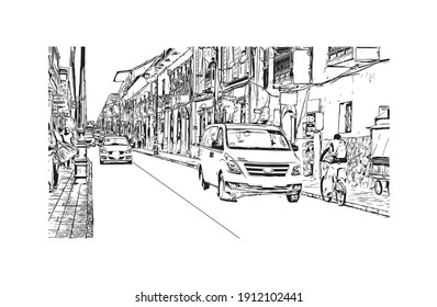 Building view with landmark of Cusco is the
city in Peru. Hand drawn sketch illustration in vector.