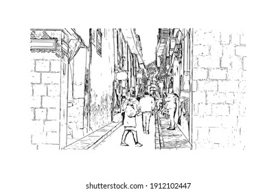 Building view with landmark of Cusco is the
city in Peru. Hand drawn sketch illustration in vector.