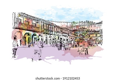 Building view with landmark of Cusco is the
city in Peru. Watercolor splash with hand drawn sketch illustration in vector.