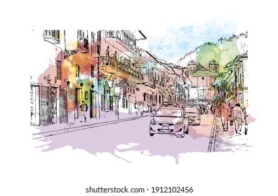 Building view with landmark of Cusco is the
city in Peru. Watercolor splash with hand drawn sketch illustration in vector.