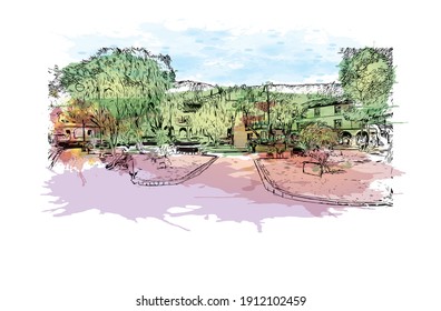 Building view with landmark of Cusco is the
city in Peru. Watercolor splash with hand drawn sketch illustration in vector.