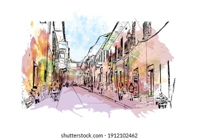 Der Blick auf das Gebäude mit Wahrzeichen von Cusco ist der
Stadt in Peru. Aquarellspritzer mit handgezeichneter Skizzengrafik in Vektorgrafik.
