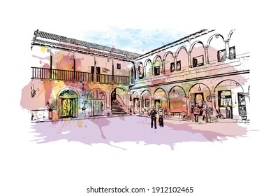 Building view with landmark of Cusco is the
city in Peru. Watercolor splash with hand drawn sketch illustration in vector.