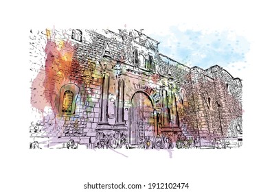 Building view with landmark of Cusco is the
city in Peru. Watercolor splash with hand drawn sketch illustration in vector.