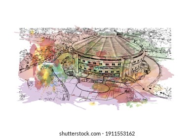 Building view with landmark of Cuttack is a city in India. Watercolor splash with hand drawn sketch illustration in vector.