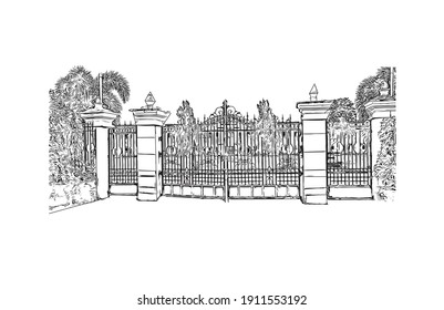 Building view with landmark of Cuttack is a city in India. Hand drawn sketch illustration in vector.