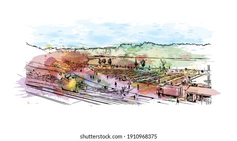 Building view with landmark of Da Lat is the
city in Vietnam. Watercolor splash with hand drawn sketch illustration in vector.