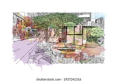 Bausicht mit Wahrzeichen von Daegu ist die 
Stadt in Südkorea. Aquarellspritzer mit handgezeichneter Skizzengrafik in Vektorgrafik.