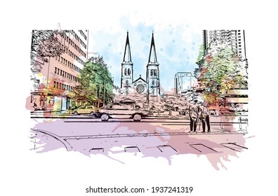 Building view with landmark of Daegu is the 
city in South Korea. Watercolour splash with hand drawn sketch illustration in vector.