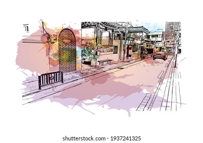 Building view with landmark of Daegu is the 
city in South Korea. Watercolour splash with hand drawn sketch illustration in vector.