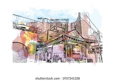 Building view with landmark of Daegu is the 
city in South Korea. Watercolour splash with hand drawn sketch illustration in vector.