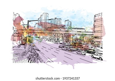 Building view with landmark of Daegu is the 
city in South Korea. Watercolour splash with hand drawn sketch illustration in vector.