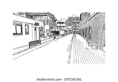 Building view with landmark of Daegu is the 
city in South Korea. Hand drawn sketch illustration in vector.
