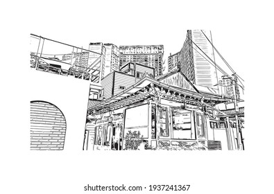 Building view with landmark of Daegu is the 
city in South Korea. Hand drawn sketch illustration in vector.
