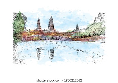 Building view with landmark of Dali is a city in China. Watercolour splash with hand drawn sketch illustration in vector.