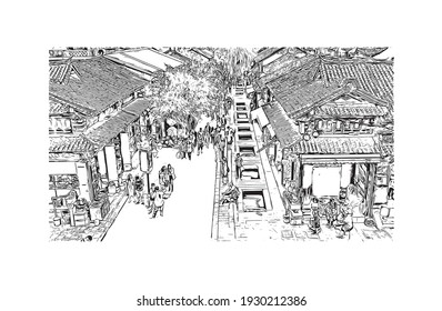 Building view with landmark of Dali is a city in China. Hand drawn sketch illustration in vector.