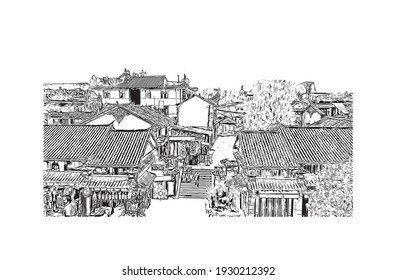 Building view with landmark of Dali is a city in China. Hand drawn sketch illustration in vector.