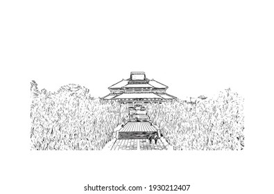 Building view with landmark of Dali is a city in China. Hand drawn sketch illustration in vector.
