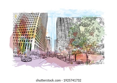Building view with landmark of Dallas is the
city in Texas. Watercolour splash with hand drawn sketch illustration in vector.