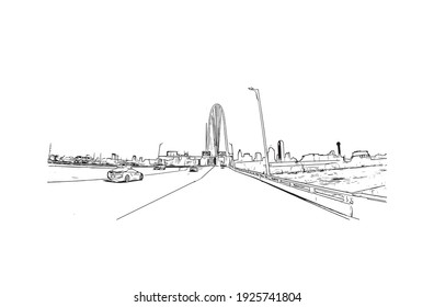 Building view with landmark of Dallas is the
city in Texas. Hand drawn sketch illustration in vector.