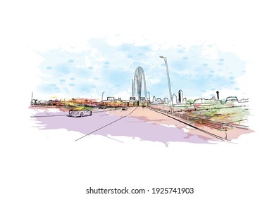 Building view with landmark of Dallas is the
city in Texas. Watercolour splash with hand drawn sketch illustration in vector.