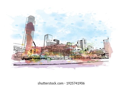 Building view with landmark of Dallas is the
city in Texas. Watercolour splash with hand drawn sketch illustration in vector.