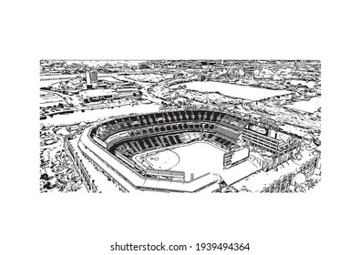 Building view with landmark of Dallas is the 
city in Texas. Hand drawn sketch illustration in vector.