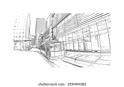 Building view with landmark of Dallas is the 
city in Texas. Hand drawn sketch illustration in vector.