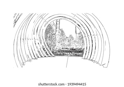 Building view with landmark of Dallas is the 
city in Texas. Hand drawn sketch illustration in vector.