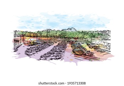 Building view with landmark of Daly City is the 
city in California. Watercolour splash with hand drawn sketch illustration in vector.