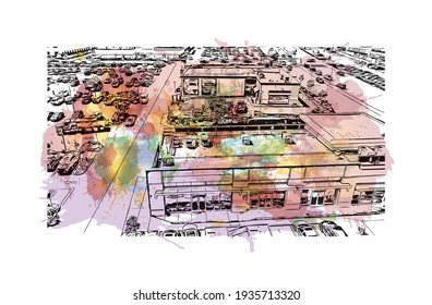 Building view with landmark of Daly City is the 
city in California. Watercolour splash with hand drawn sketch illustration in vector.