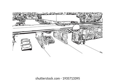 Building view with landmark of Daly City is the 
city in California. Hand drawn sketch illustration in vector.