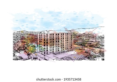 Building view with landmark of Daly City is the 
city in California. Watercolour splash with hand drawn sketch illustration in vector.