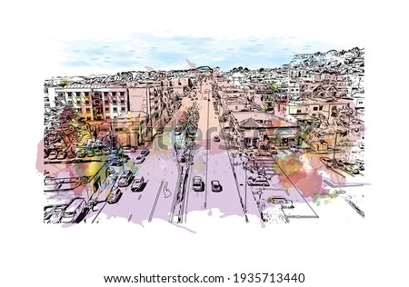 Building view with landmark of Daly City is the 
city in California. Watercolour splash with hand drawn sketch illustration in vector.