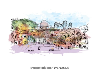 Building view with landmark of Damascus is the capital of Syria. Watercolour splash with hand drawn sketch illustration in vector.