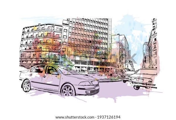 Building view with landmark of Damascus is the\
capital of Syria. Watercolour splash with hand drawn sketch\
illustration in\
vector.
